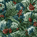 Vintage botanical Christmas pattern with lush evergreen pine branches, red berries, and pinecones.