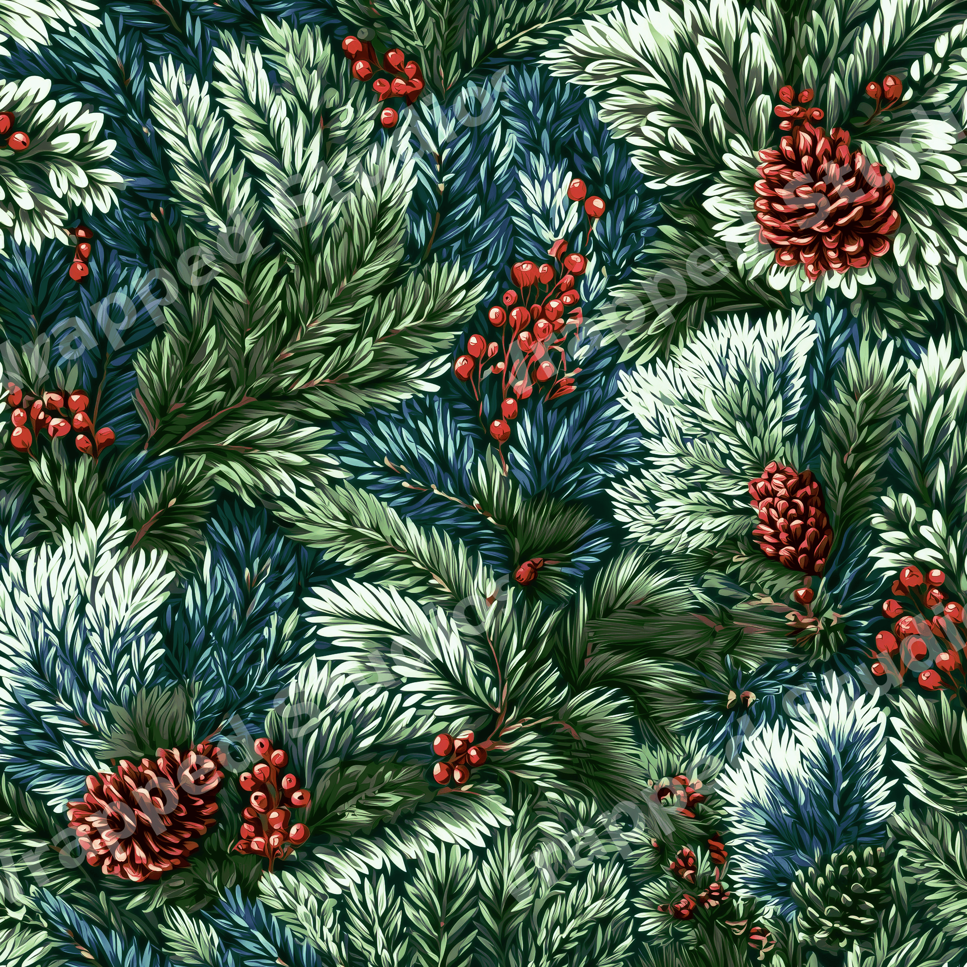 Vintage botanical Christmas pattern with lush evergreen pine branches, red berries, and pinecones.