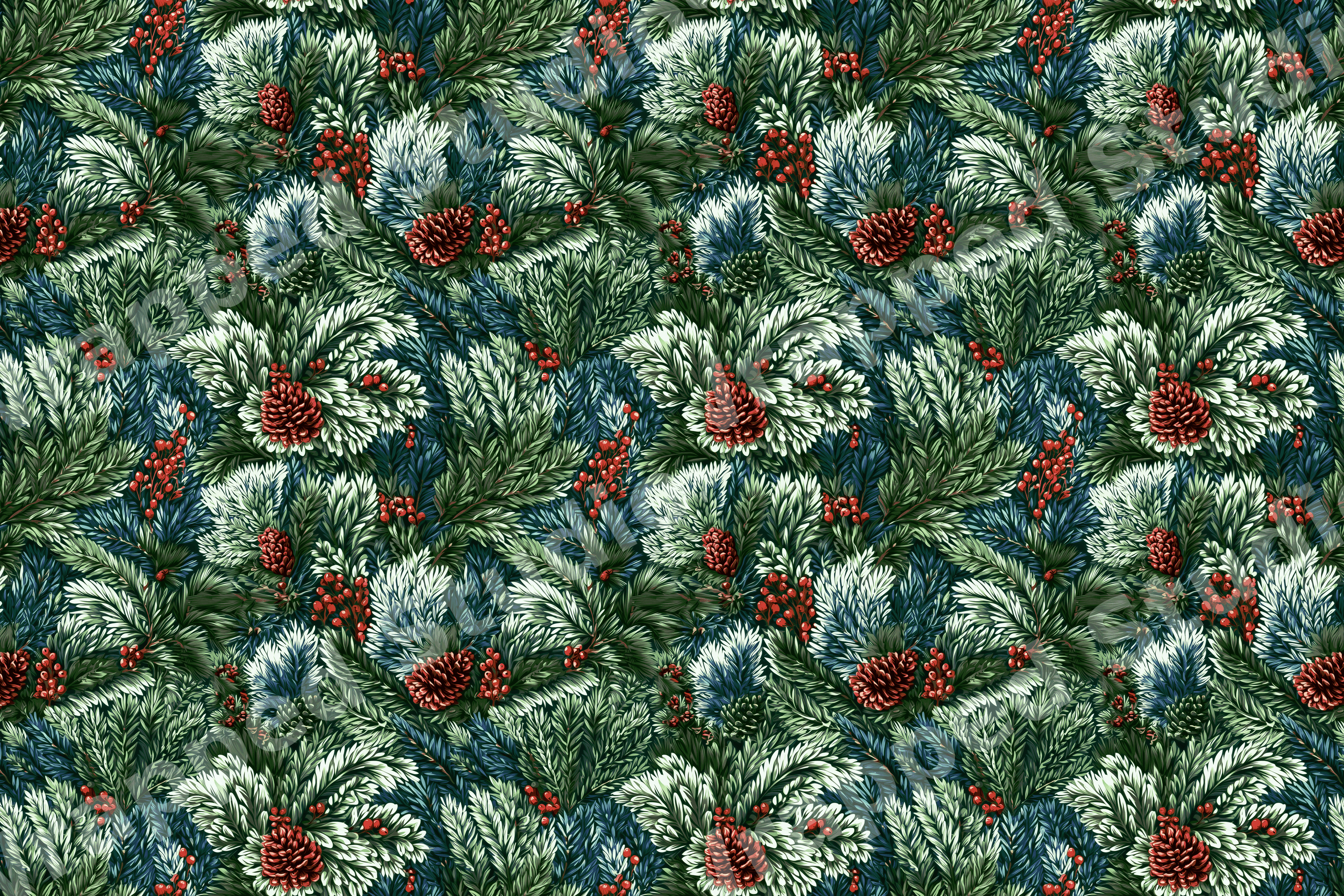 Vintage botanical Christmas pattern with green pine branches, rustic pinecones, and red berries.
