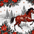 Vintage western Christmas pattern featuring a horse in a cowboy hat, red poinsettias, and snowy pine trees.