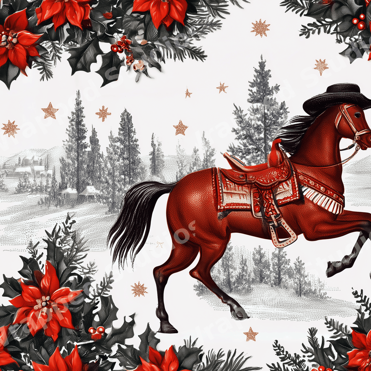Vintage western Christmas pattern featuring a horse in a cowboy hat, red poinsettias, and snowy pine trees.