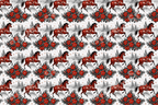 Vintage cowboy Christmas pattern featuring brown horses, red poinsettia flowers, and pine trees.