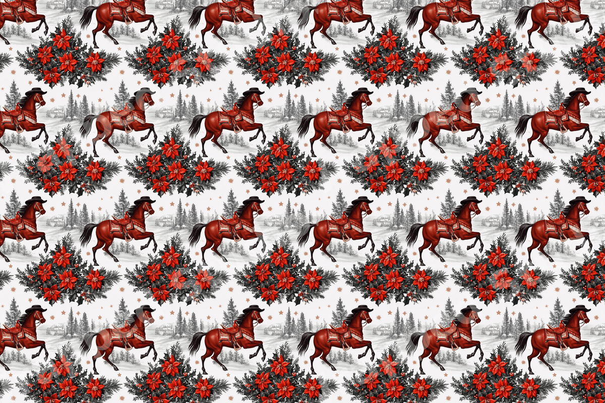 Vintage cowboy Christmas pattern featuring brown horses, red poinsettia flowers, and pine trees.