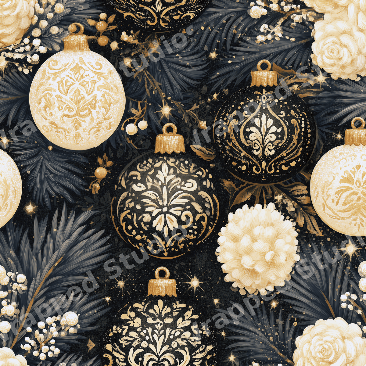Elegant seamless Christmas pattern with ornate black and gold ornaments, pine needles, and ivory winter florals.