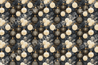 Elegant black and gold Christmas pattern with cream roses, vintage ornaments, and dark pine foliage.