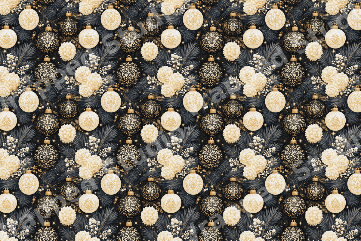 Elegant black and gold Christmas pattern with cream roses, vintage ornaments, and dark pine foliage.