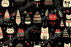 Whimsical holiday pattern with stylized cats, trees, and stars in red, cream, and black.