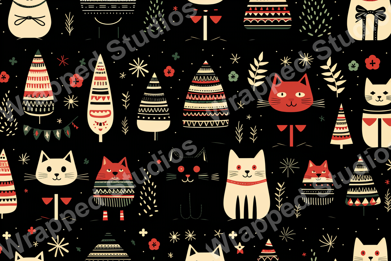 Whimsical holiday pattern with stylized cats, trees, and stars in red, cream, and black.