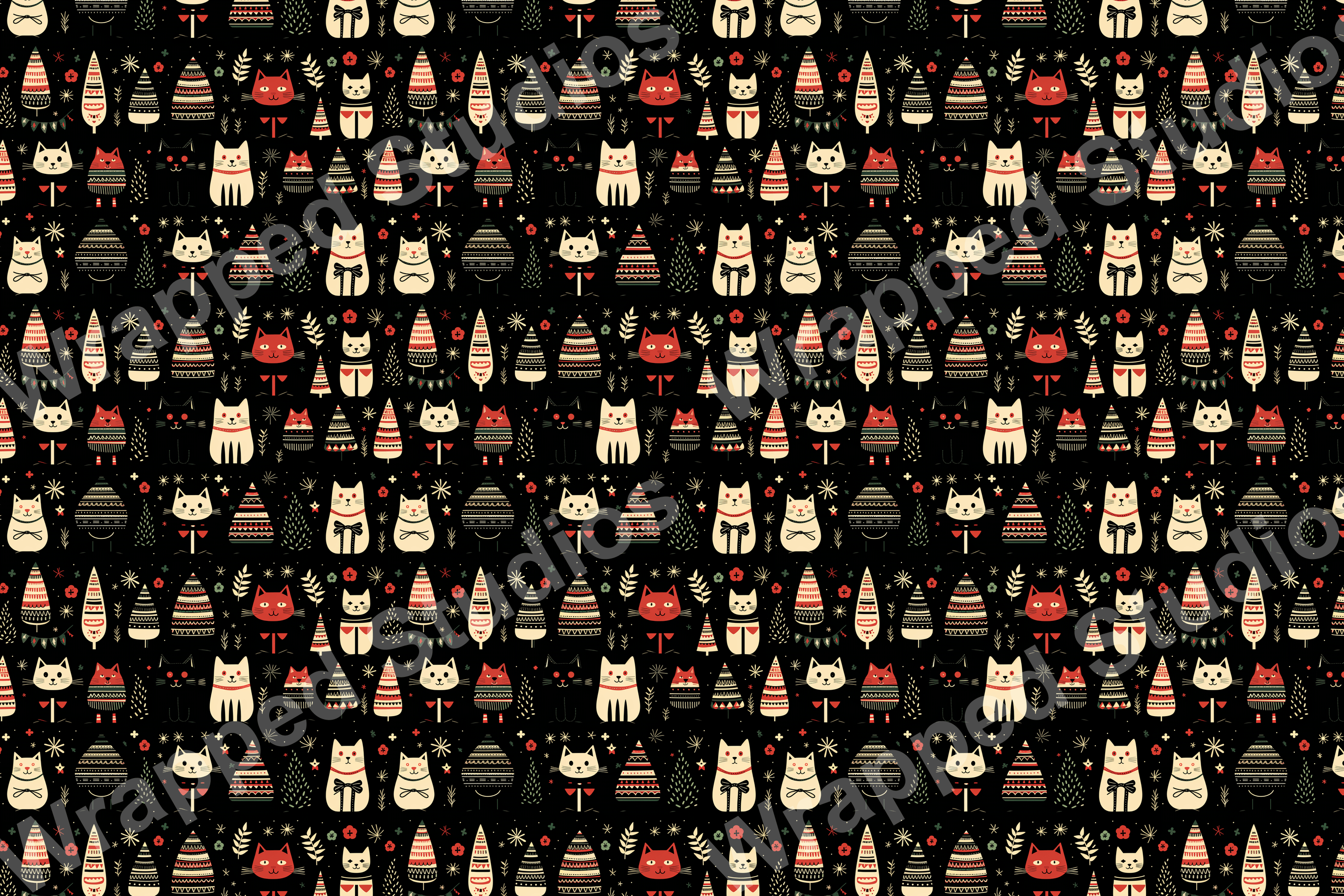 Playful seamless pattern with stylized cats, folk-art trees, and stars in red, cream, and green on black.
