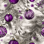 Elegant watercolor Christmas pattern with purple ornaments, pine branches, and silver glitter snowflakes.