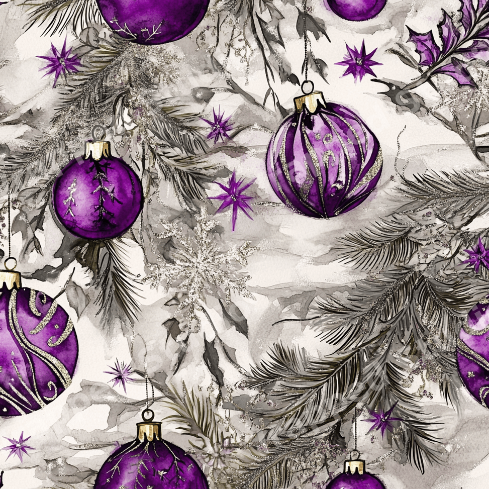 Elegant watercolor Christmas pattern with purple ornaments, pine branches, and silver glitter snowflakes.