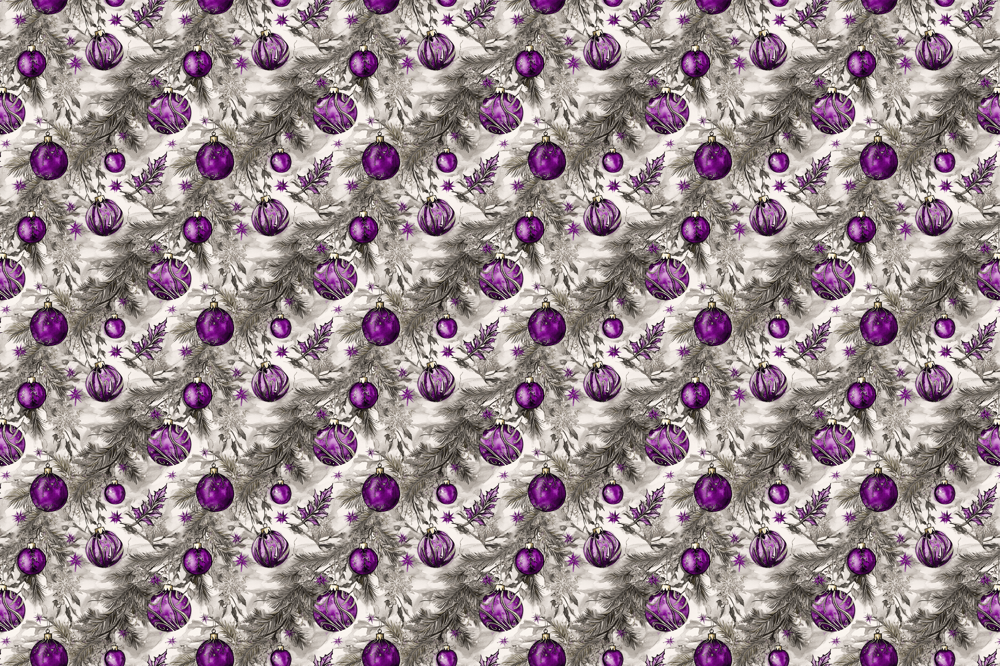 Silver Winter: Purple Christmas Ornaments Wrapping Paper