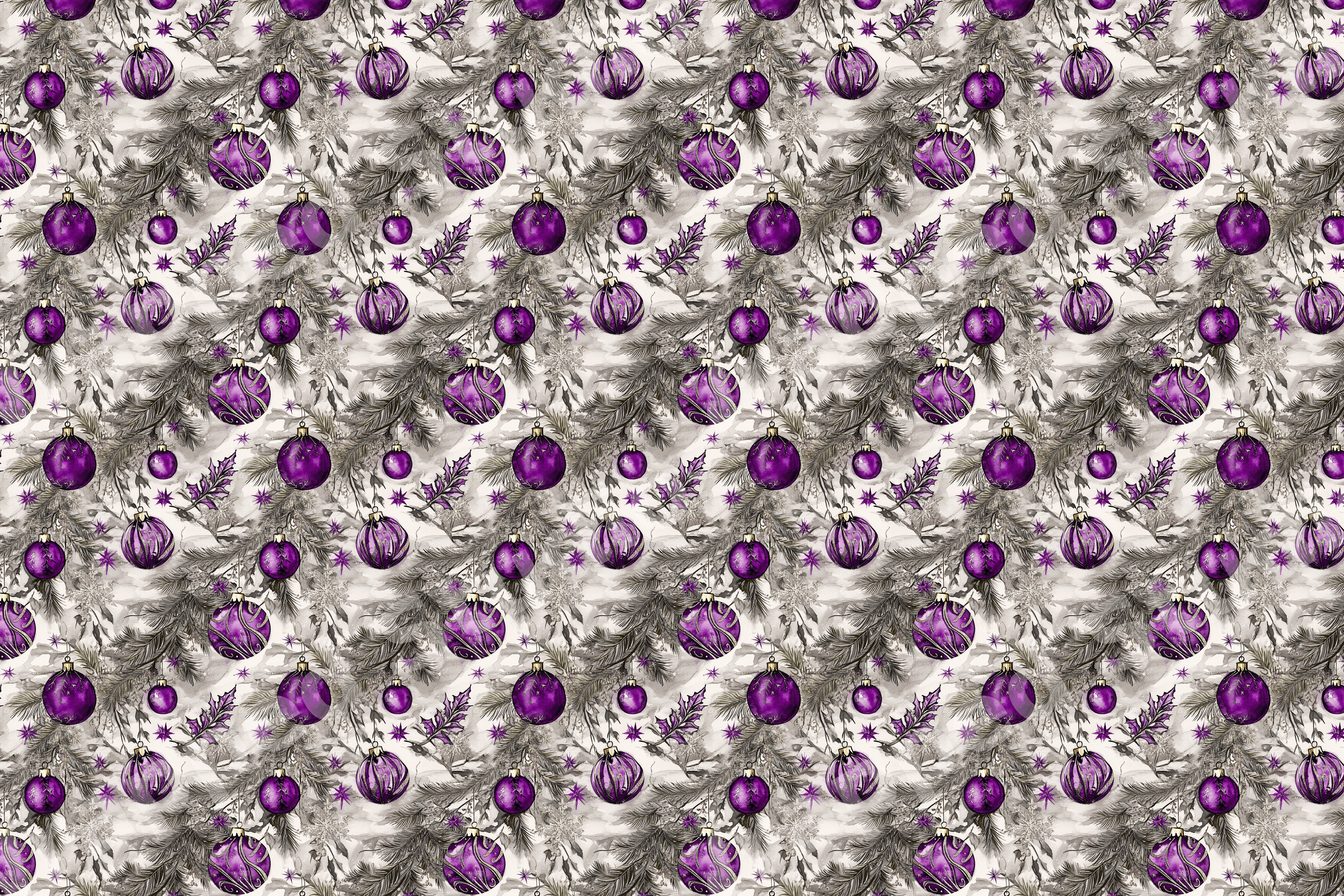 Vintage holiday pattern featuring vibrant purple Christmas ornaments and sketched pine branches.