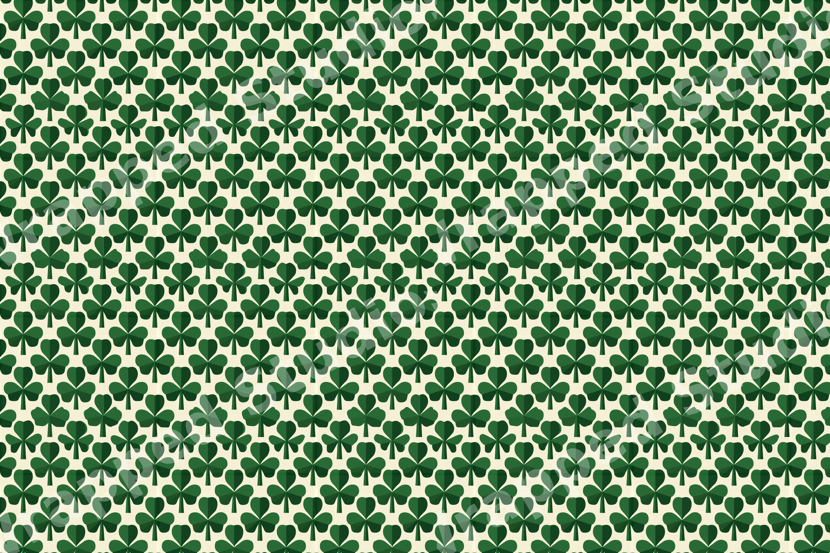 Seamless St. Patrick's Day shamrock pattern with green geometric clovers on a cream background.