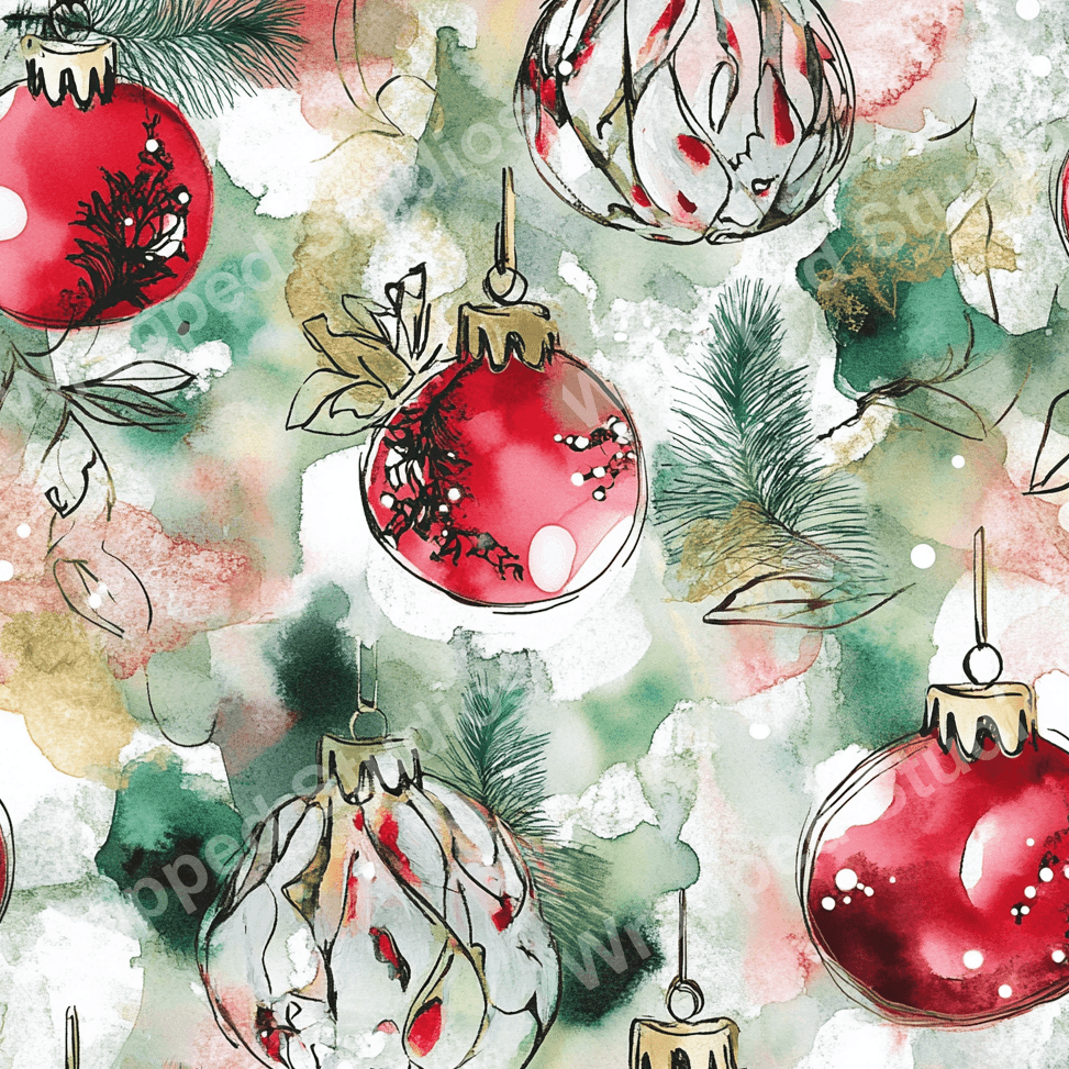 Watercolor Christmas ornament pattern with red and clear baubles, and evergreen sprigs.