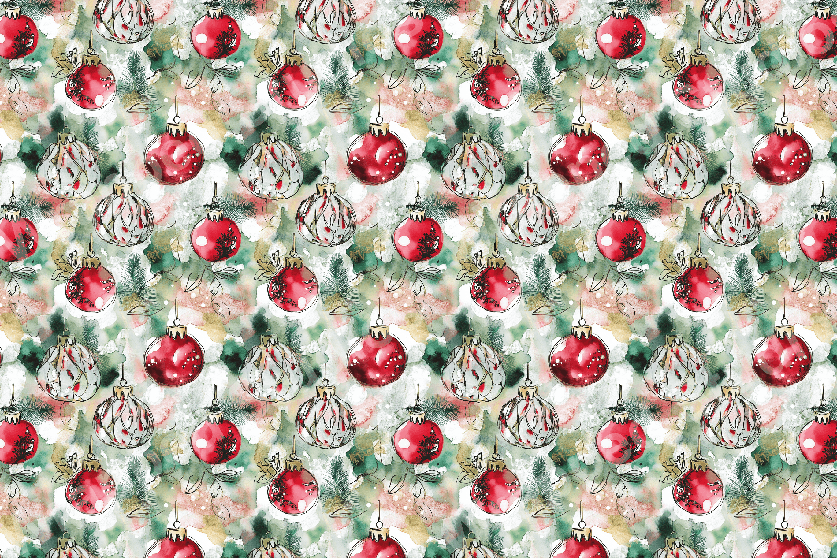 Festive watercolor Christmas ornament pattern in red, white, and green.