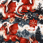 Whimsical fantasy pattern featuring cute red dragons, pine trees, and Christmas poinsettias in a vintage style.