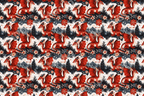 Whimsical red dragon pattern with winter pine trees and stars in a cozy fantasy holiday illustration.