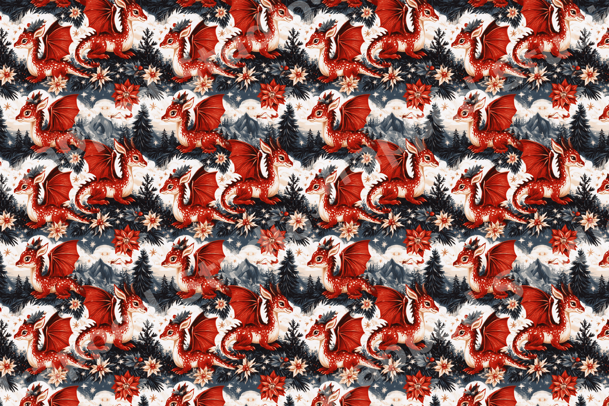 Whimsical red dragon pattern with winter pine trees and stars in a cozy fantasy holiday illustration.