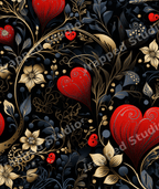 Elegant vintage botanical pattern with red hearts and golden flowers on a black background.