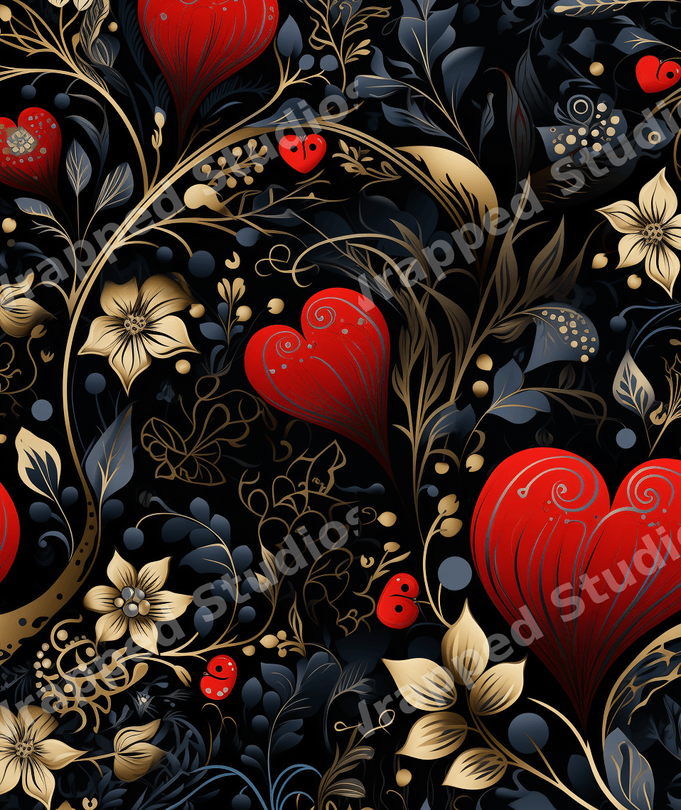 Elegant vintage botanical pattern with red hearts and golden flowers on a black background.