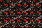 Elegant vintage botanical pattern with red hearts and gold floral details on a dark background.