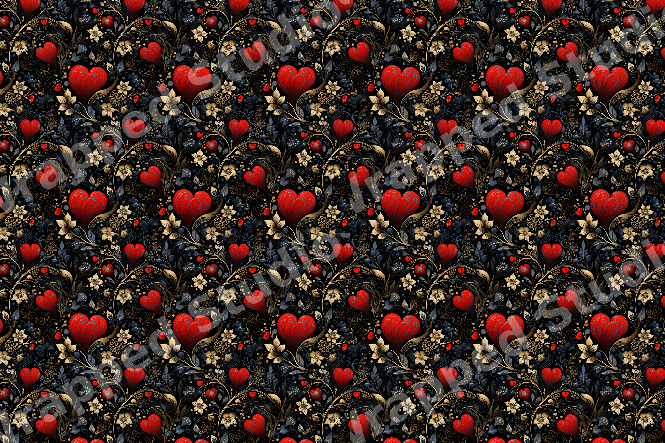 Elegant vintage botanical pattern with red hearts and gold floral details on a dark background.