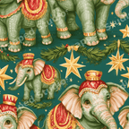 Whimsical Christmas pattern with vintage green elephants, gold stars, and pine branches on a teal background.