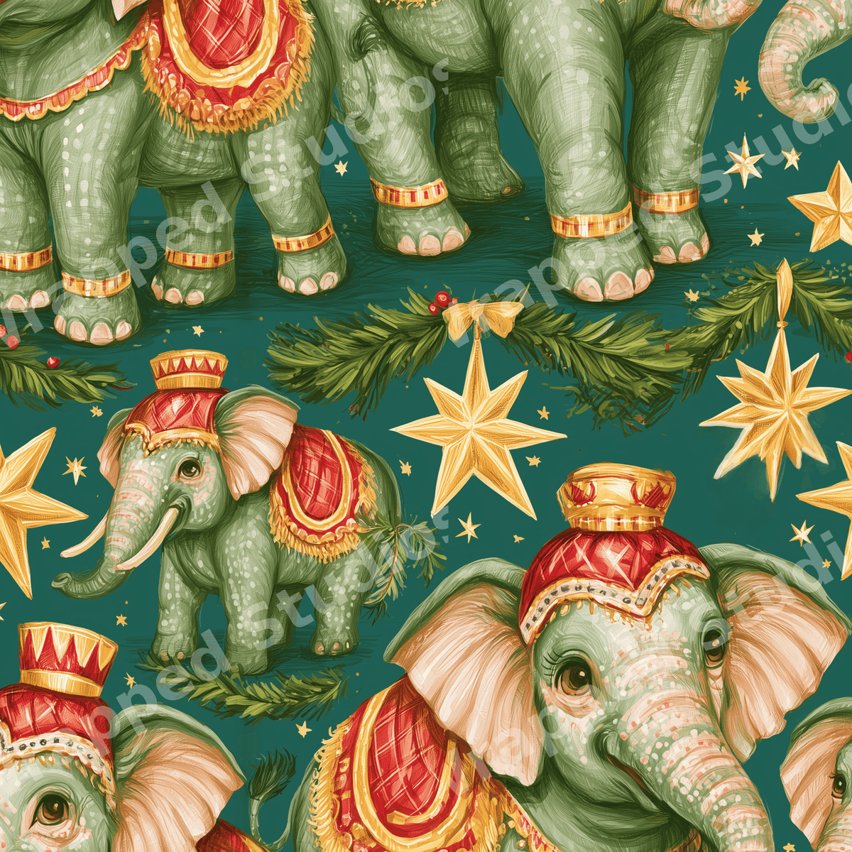 Whimsical Christmas pattern with vintage green elephants, gold stars, and pine branches on a teal background.