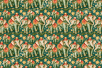 Festive vintage circus elephant pattern with gold stars and holiday pine garlands on a dark green background.