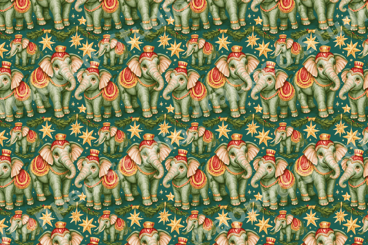 Festive vintage circus elephant pattern with gold stars and holiday pine garlands on a dark green background.