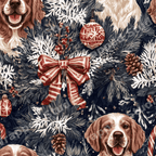Vintage Christmas dog pattern with spaniels, pine branches, red bows, and holiday ornaments.