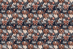 Vintage Christmas dog pattern with spaniel portraits, pine needles, red bows, and holiday ornaments on dark blue.