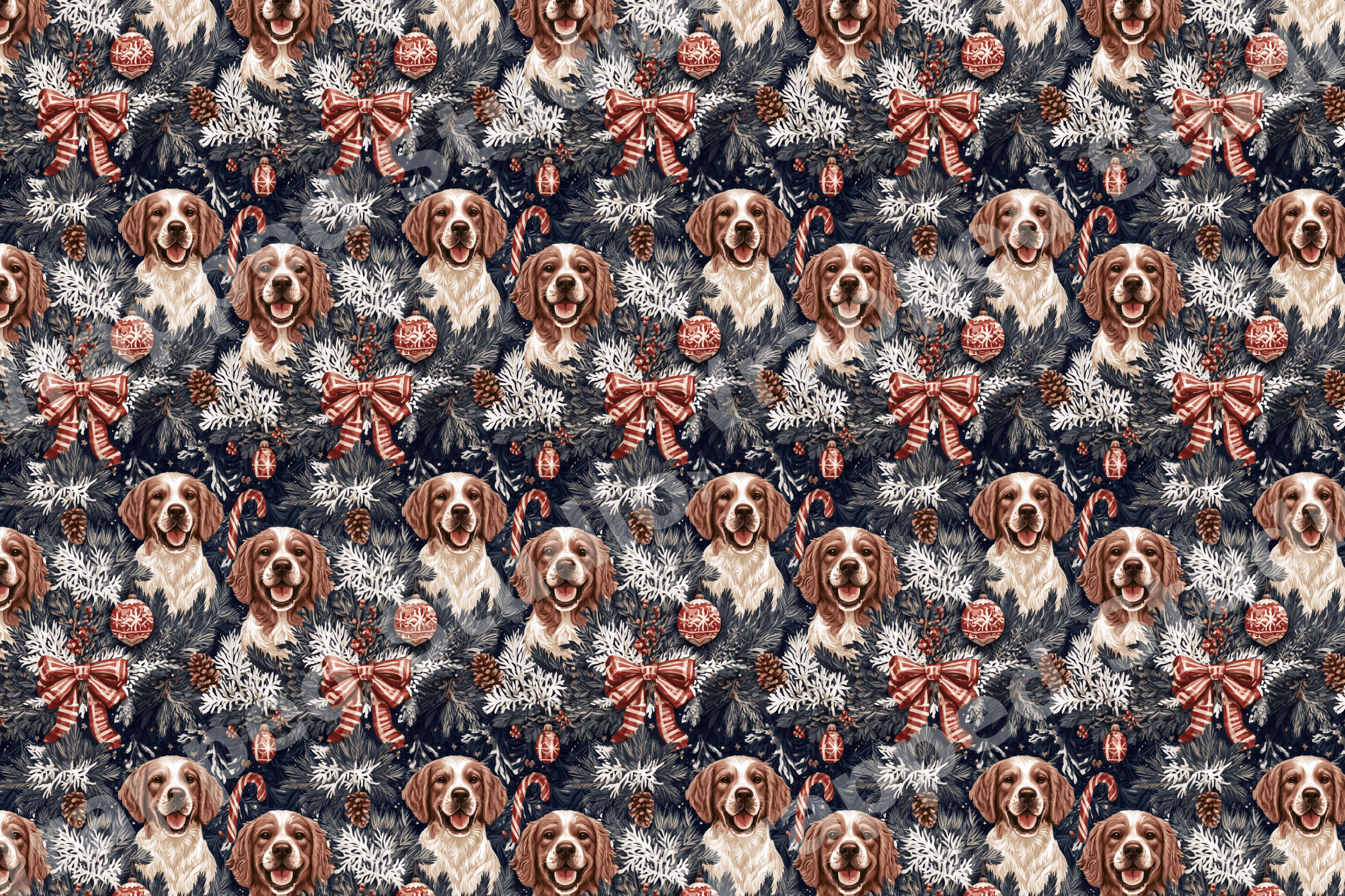 Vintage Christmas dog pattern with spaniel portraits, pine needles, red bows, and holiday ornaments on dark blue.