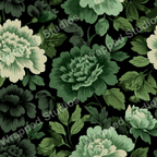 Elegant floral pattern with various green botanical illustrations on a black backdrop.