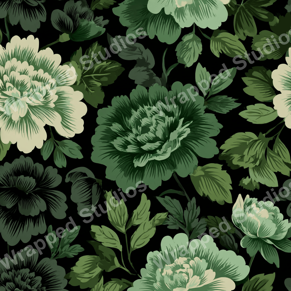 Elegant floral pattern with various green botanical illustrations on a black backdrop.