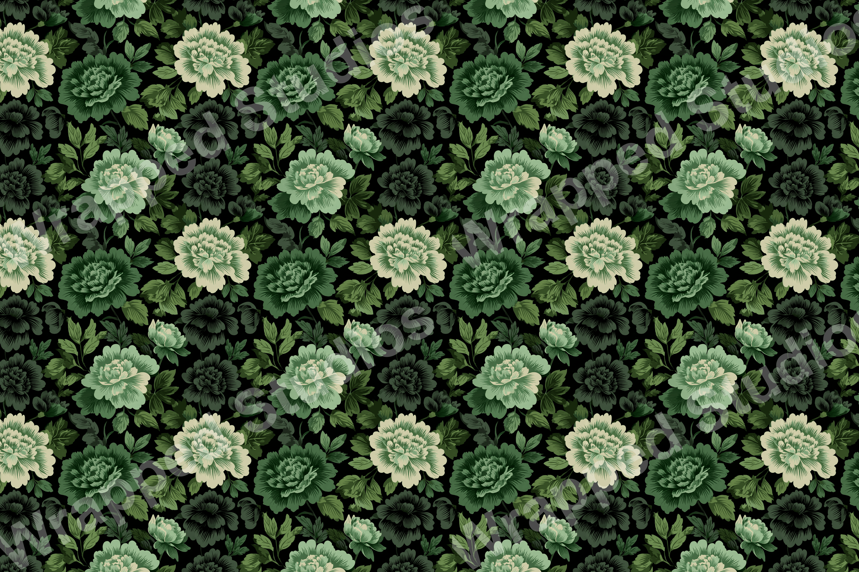 Elegant floral pattern with green, cream and dark green peony blossoms on a black background.
