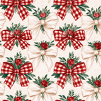 Vintage floral pattern with red gingham bows, cream bows, and red roses on a speckled background.