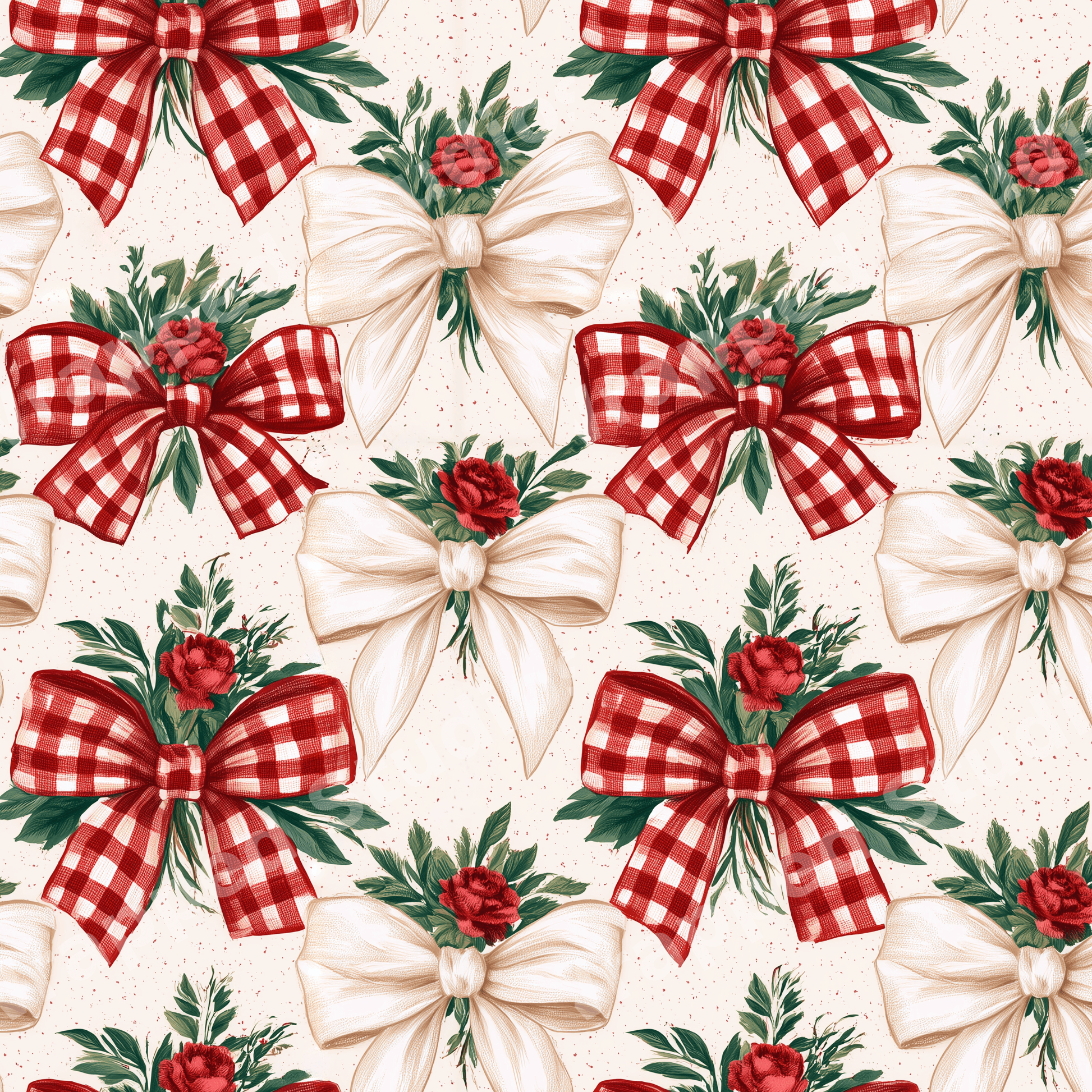 Vintage floral pattern with red gingham bows, cream bows, and red roses on a speckled background.