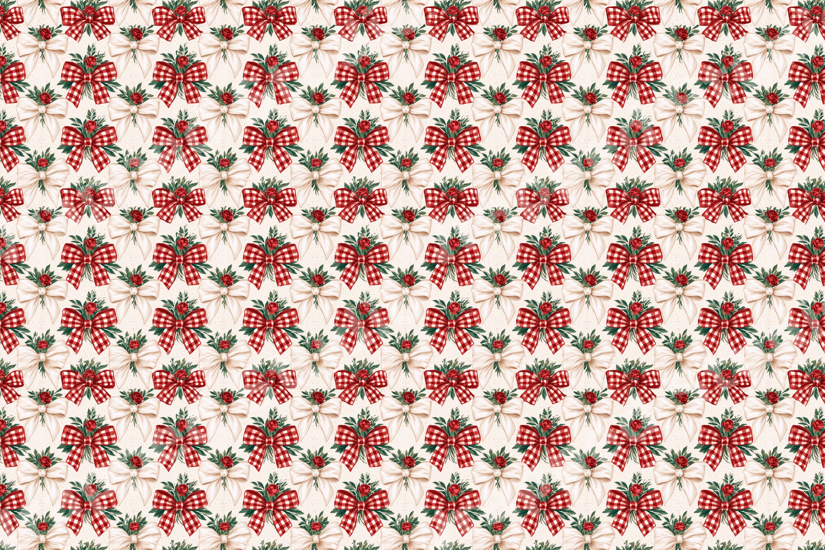 Vintage holiday pattern featuring red gingham bows, cream bows, and green pine sprigs on a cream background.