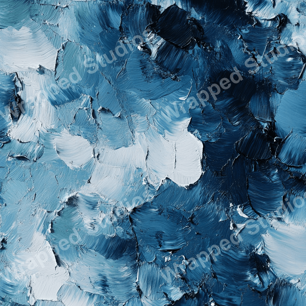 Abstract painting pattern in textured brushstrokes of white, light blue, and dark blue hues.