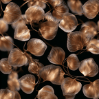 Elegant seamless botanical pattern featuring metallic bronze leaves on a black background.