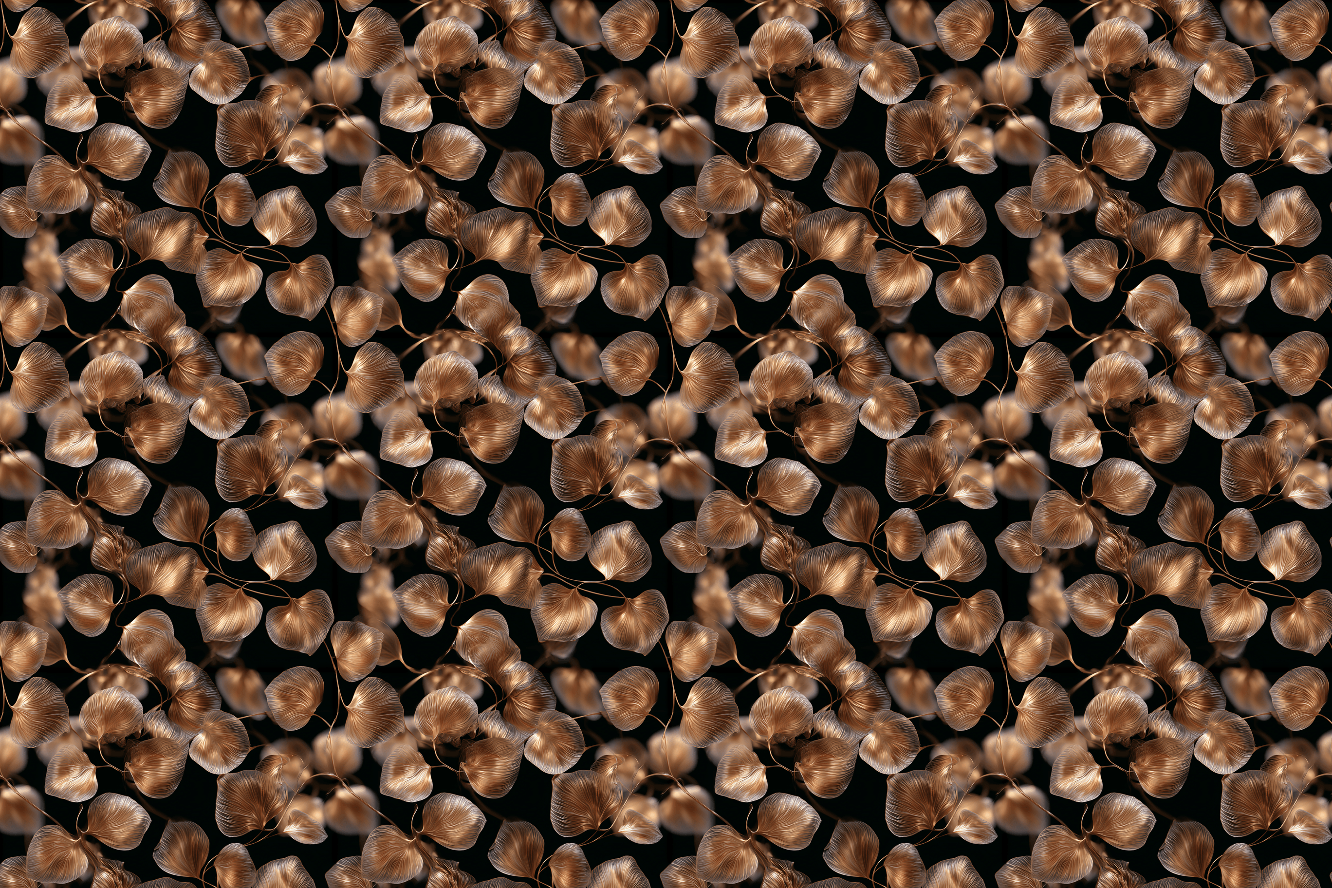Elegant vintage botanical pattern featuring metallic bronze leaves on a black background.