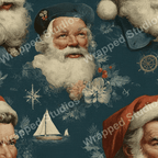 Vintage nautical Santa pattern with classic illustrations of Santa in sailor hats, boats, and compasses on a deep blue background.