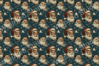Nautical Christmas pattern with vintage Santas and small white sailboats on a dark teal background.