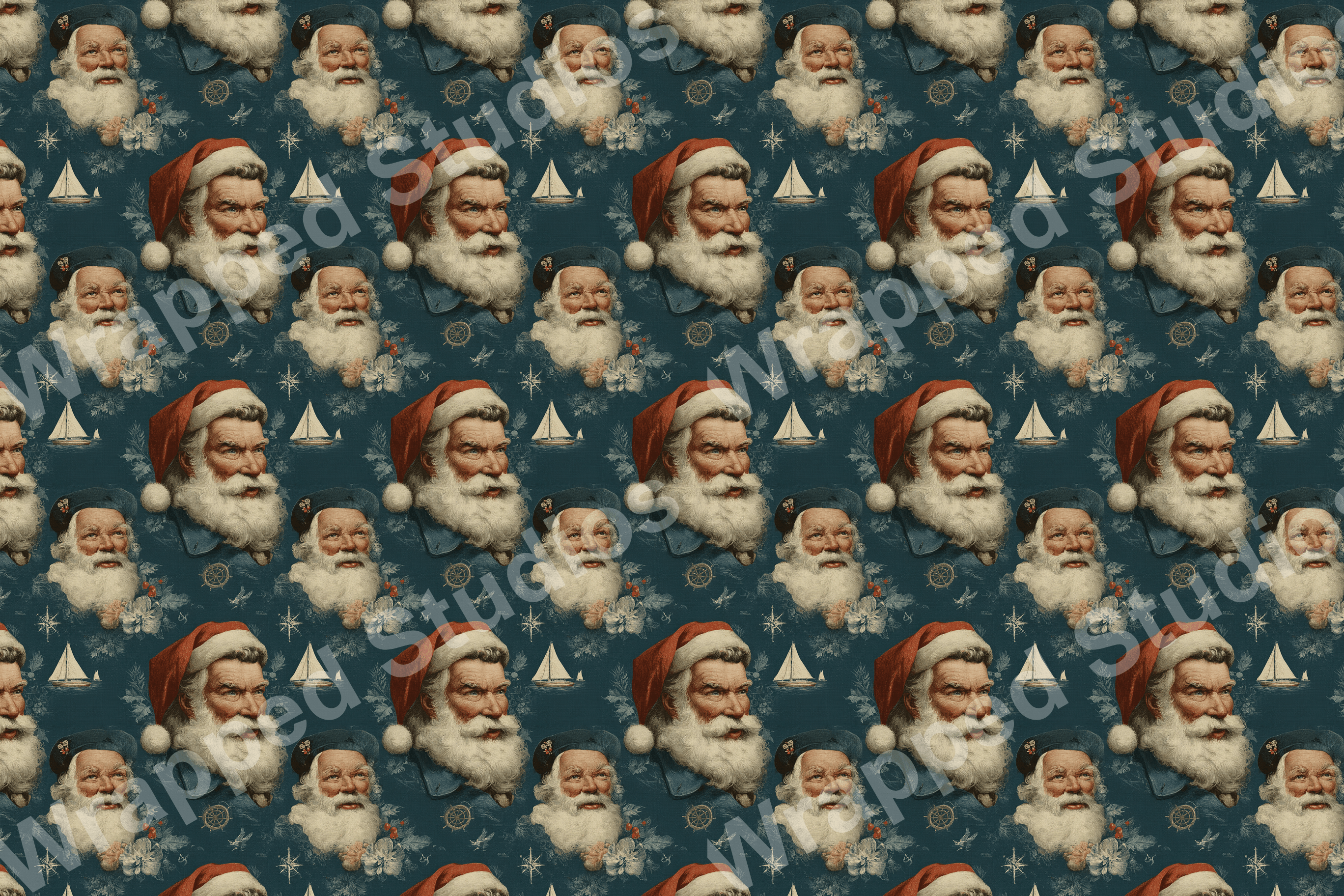 Nautical Christmas pattern with vintage Santas and small white sailboats on a dark teal background.