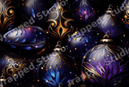 Elegant seamless pattern of dark blue, purple, and gold Christmas ornaments with luxury botanical filigree.
