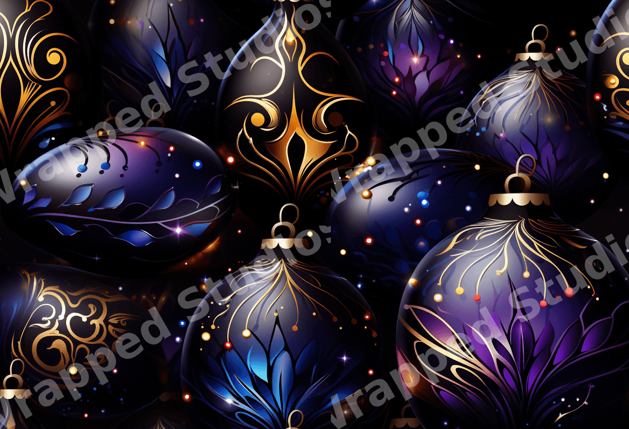 Elegant seamless pattern of dark blue, purple, and gold Christmas ornaments with luxury botanical filigree.