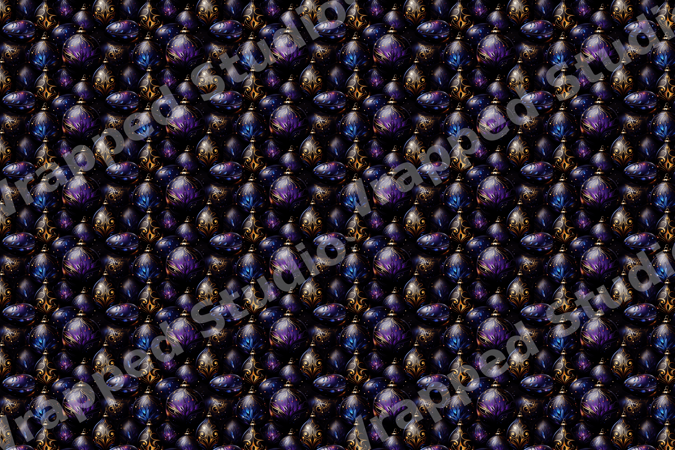 Elegant holiday pattern featuring ornate purple, blue, and gold Christmas ornaments on a dark background.
