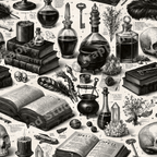 Vintage gothic apothecary pattern with skulls, spellbooks, potions, and crystals in a black and white sketch style.